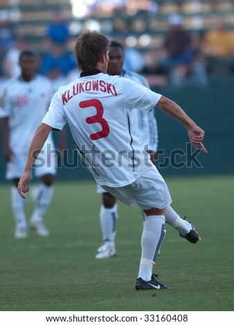 CARSON, CA. - JULY 3: Concacaf Gold Cup soccer match, Canada vs. Jamaica at the Home Depot Center in Carson. Michael Klukowski passing the ball during the game. July 3, 2009.