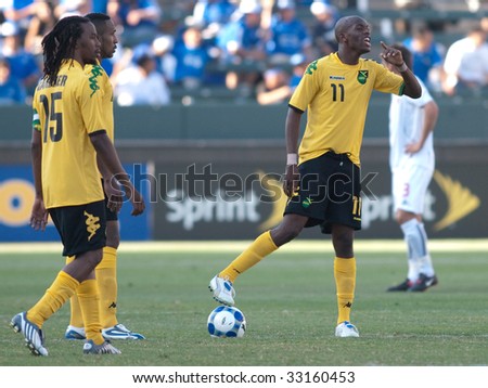 CARSON, CA. - JULY 3: Concacaf Gold Cup soccer match, Canada vs. Jamaica at the Home Depot Center. Luton Shelton, Ricardo Gardner & Ricardo Fuller getting ready for the second half. July 3, 2009.