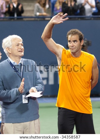 LOS ANGELES, CA. - JULY 27: Pete Sampras (R) thanks the crowd after winning his exhibition match at the L.A. Tennis Open July 27, 2009 in Los Angeles.