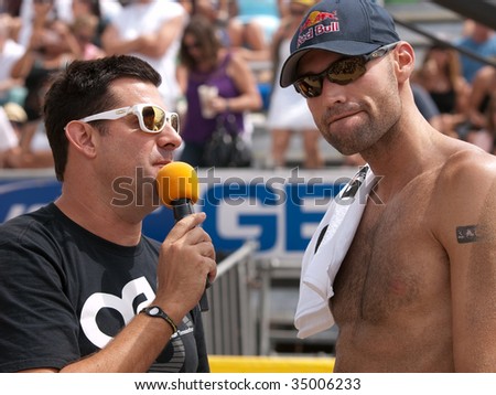 HERMOSA BEACH, CA. - AUGUST 9: Phil Dalhausser being interviewed after winning the mens final of the AVP Hermosa Beach Open. August 9, 2009 in Hermosa Beach.