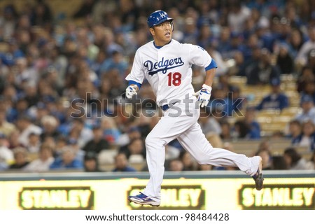 LOS ANGELES - APRIL 9: Los Angeles Dodgers P Hiroki Kuroda #18 in action during the MLB game between the Atlanta Braves & the Los Angeles Dodgers on April 9 2011 at Dodger Stadium in Los Angeles.