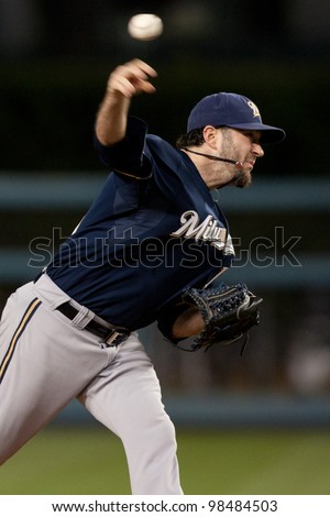 LOS ANGELES - MAY 16: Milwaukee Brewers P Shaun Marcum #18 pitches during the Major League Baseball game on May 16 2011 at Dodger Stadium in Los Angeles.