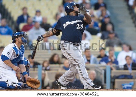 LOS ANGELES - MAY 16: Milwaukee Brewers 1B Prince Fielder #28 takes a swing during the Major League Baseball game on May 16 2011 at Dodger Stadium in Los Angeles.