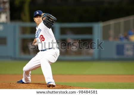 LOS ANGELES - APRIL 9: Los Angeles Dodgers P Hiroki Kuroda #18 in action during the MLB game between the Atlanta Braves & the Los Angeles Dodgers on April 9 2011 at Dodger Stadium in Los Angeles.