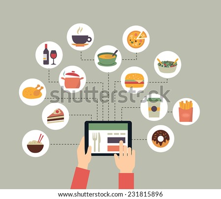 Food background - food blogging, reading about food, searching for recipes or ordering food online. Flat design style.