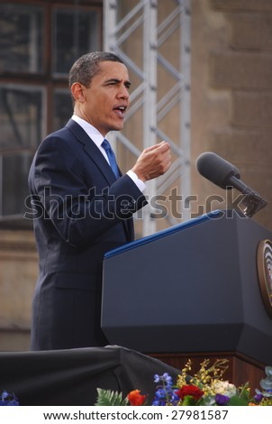 PRAGUE - APRIL 4: US President Barack Obama delivers a speech about a nuclear-free near Prague Castle April 4, 2009 in Prague, Czech Republic.