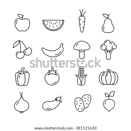 Fruit and vegetables icons set - flat design. Healthy lifestyle. Eco, organic fruit and vegetables.