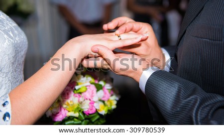 The groom wears the ring to bride.