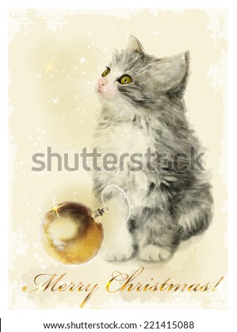 Christmas card  with fluffy kitten and golden ball. Vintage style.