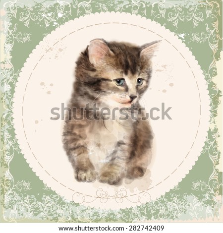 Vintage card with fluffy kitten. Imitation of watercolor painting.