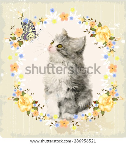 Vintage card with fluffy kitten, roses and butterfly. Imitation of watercolor painting.