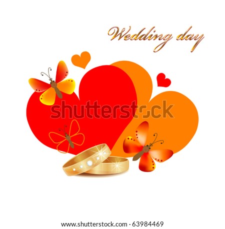 stock vector wedding card with rings hearts and butterflies