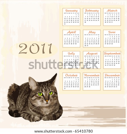 hand drawn calendar 2011 with lying tabby cat