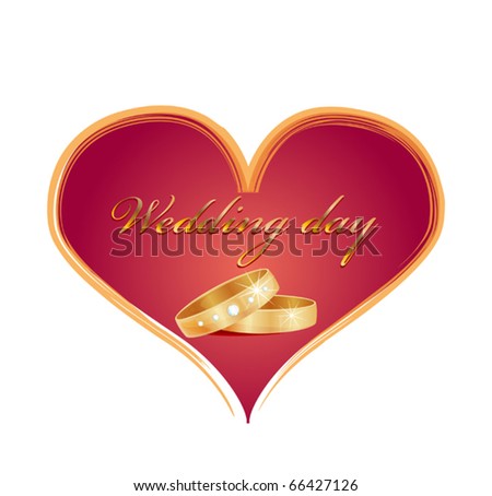 stock vector wedding card with rings and red heart
