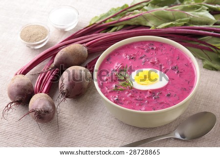 Cold borsch. Cold vegetable soup made of beetroot, with egg. Traditional polish dish.