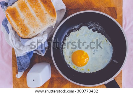 Egg with toast in pan and salt