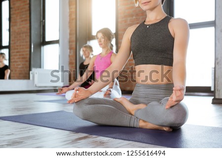 Group of young women sitting and meditating in lotus pose, Ardha padmasana, yoga lesson concept close-up