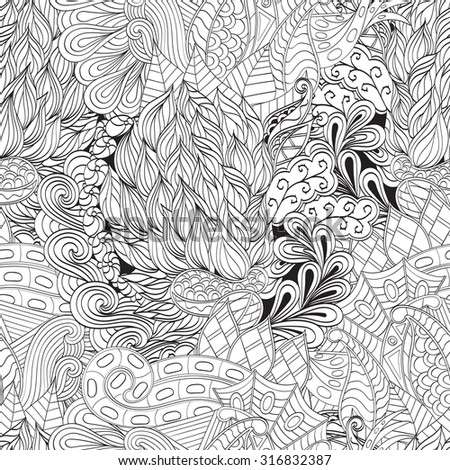 Tracery seamless, loops, doodle wind pattern. Paisley, winding stem, spiral, wave, bud mehndi design. Handmade texture, curved, black and white. Good for site background, textile, printing.