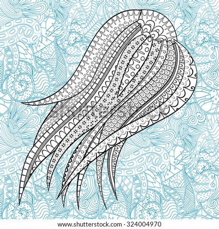 Abstract object with tentacles. Doodle pattern as background. Bud mehndi design. Handmade texture, curved doodling design. Good for site background, textile, printing.