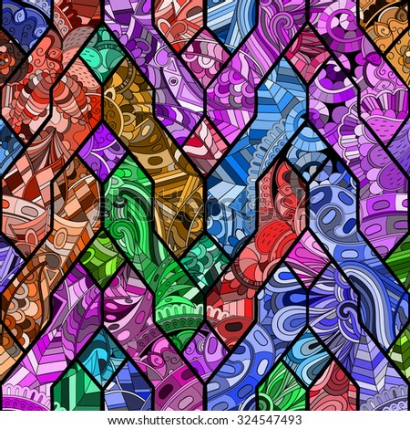 Tracery calming pattern in the style of stained glass. Mehendi design. Neat even colorful harmonious doodle texture. Algae sea motif. Ambitious bracing usable, curved doodling mehndi.