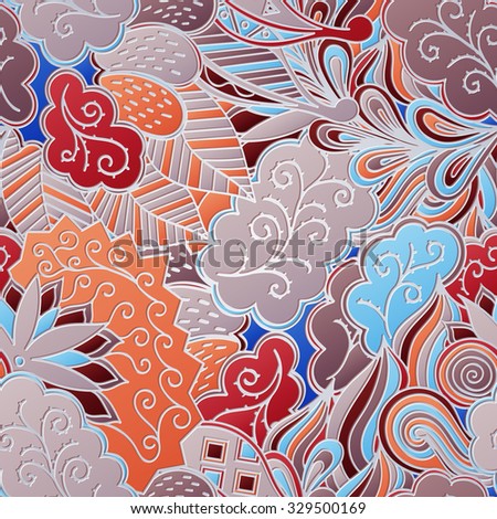 Seamless mehndi tracery design. Handmade natural mood texture. Good for background site, tracery 3d imitation pattern. Curved lines, doodling design. Fair motif, colorful photorealistic pattern.