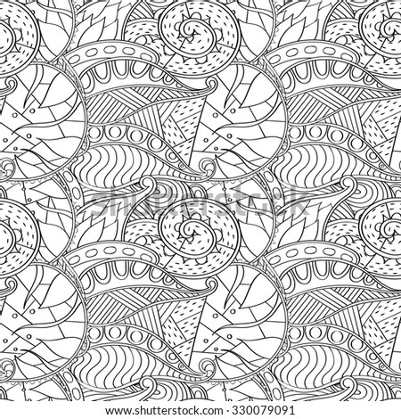 Tracery seamless calming pattern. Mehendi design. Neat even binary harmonious doodle texture. Algae sea motif. Indifferent ethnical. Ambitious bracing usable, curved doodling mehndi.