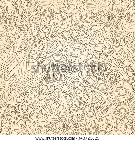Tracery seamless pattern calming. Mehndi design. Neat even doodle monochrome harmonious texture. Algae is motif. Ethnically indifferent. Ambiguous usable bracing, curved doodling mehendi.