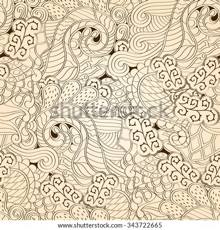 Tracery seamless calming pattern. Mehendi design. Neat even monochrome harmonious doodle texture. Algae sea motif. Indifferent ethnical. Ambitious bracing usable, curved doodling mehndi.