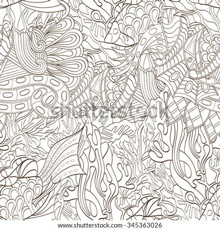 Tracery seamless calming pattern. Mehendi design. Neat even binary harmonious doodle texture. Algae sea motif. Indifferent ethnical. Ambitious bracing usable, curved doodling mehndi.