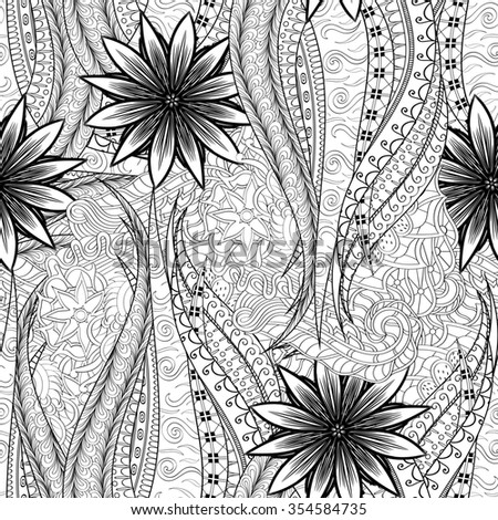 Tracery seamless binary monochrome calming pattern. Mehndi flowers design. Neat even doodle binary harmonious texture. Ethnically indifferent. Ambiguous usable bracing, curved doodling mehendi.