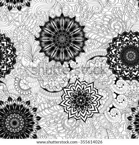 Tracery seamless pattern calming. Mehndi flowers design. Neat even doodle binary harmonious texture. Algae sea motif. Ethnically indifferent. Ambiguous usable bracing, curved doodling mehendi.