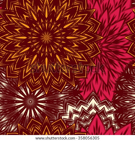 Seamless floral background. Tracery handmade nature ethnic fabric backdrop pattern with flowers. Textile design texture. Decorative color art.