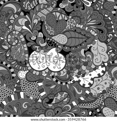 Tracery seamless calming pattern. Mehendi design. Neat even grayscale harmonious doodle texture. Algae sea motif. Indifferent discreet. Ambitious bracing usable, curved doodling mehndi.
