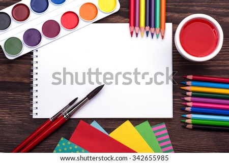 Blank sheet of paper and drawing accessories, school supplies for art with copyspase