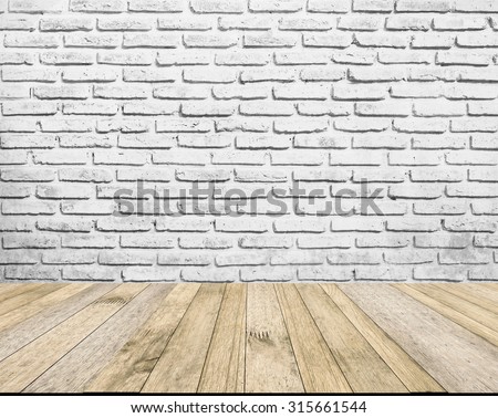 perspective wood plank floor or walk way with white Dirty brick wall background for art interiors design in home, house, building, shop, store, art store, coffee shop