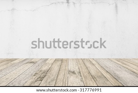 Blur soft focused perspective wood plank floor or walk way with white dirty wall background for art interiors design in home, house, building, shop, store, art ,coffee shop