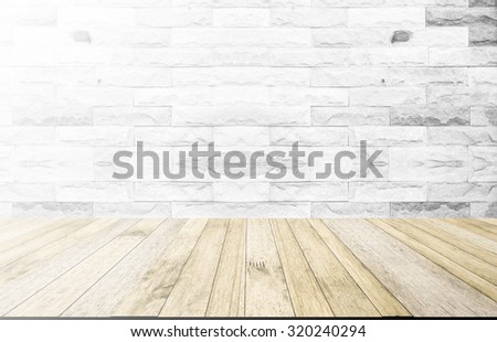 perspective wood plank floor or walk way with Brick wall white color background with light flare for art interiors design in home, house, building, shop, store, art store, coffee shop