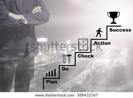 Blurred Business man success or teach working on marketing online or e learning by PDCA plan do check action concept on blurred night city view black and white tone background with corner light flare.