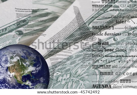 World news with a globe news and dollar bills