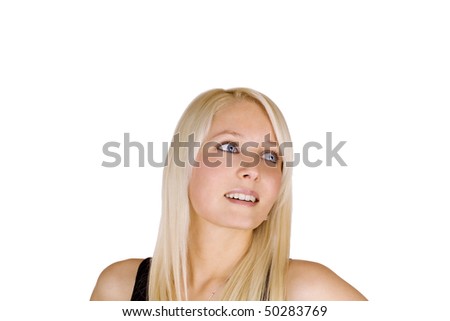 stock photo Natural blond girl looking up in surprice natural blond