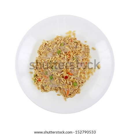 A frozen chicken fried rice meal on a plate.