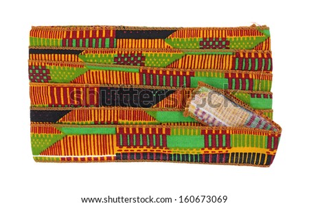 African design ribbon ties wound on a card on a white background.
