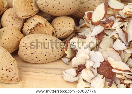 A close view of hard shell and sliced almonds.