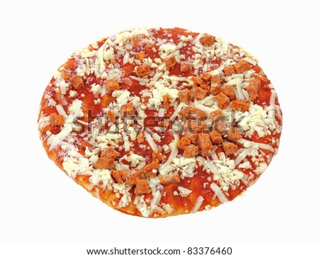 A frozen individual pepperoni pizza on a white background.
