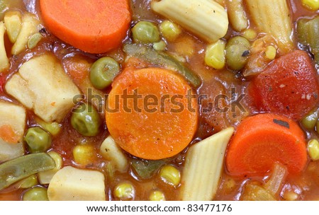 A close view of canned, organic vegetable soup.