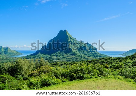 Overview over the green jungle on Rotui mountain with Cook\'s Bay and Opunohu Bay on the tropical pacific island of Moorea, near Tahiti in French Polynesia.