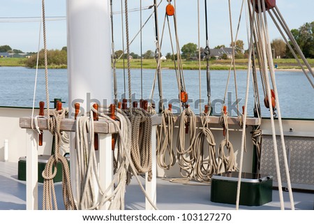 Rigging at the deck of a sailing clipper in Dutch harbor of Kampen