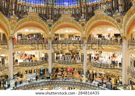 PARIS, FRANCE - MAY 29: Unknown people shopping in famous  luxury Lafayette galeries on May 29, 2015 in Paris, France
