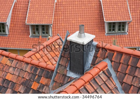 Aerial view of red roofs of  Quedlinburg, Germany