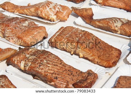 Smoked salmon for sale at a market